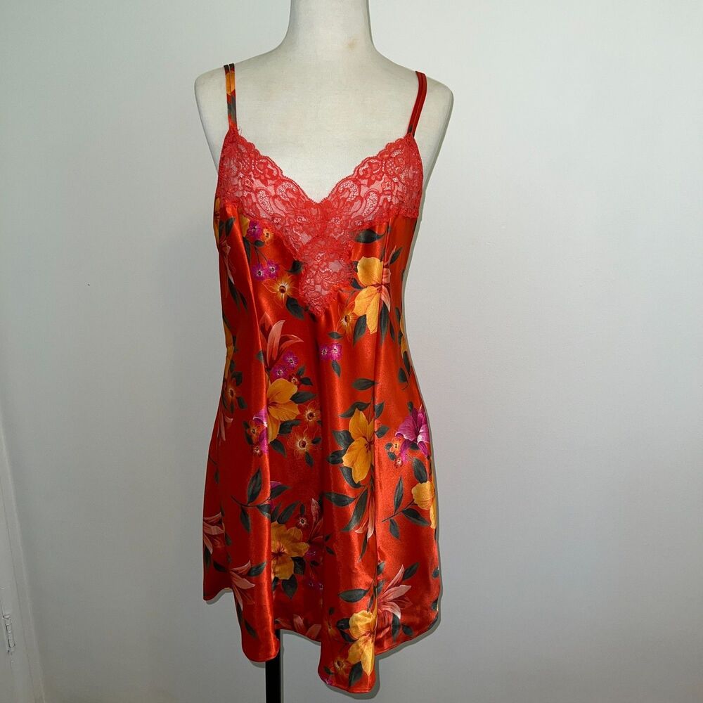 Victoria Secret Chemise Lingerie Slip Dress Tropical Floral Vintage 90s Sz L